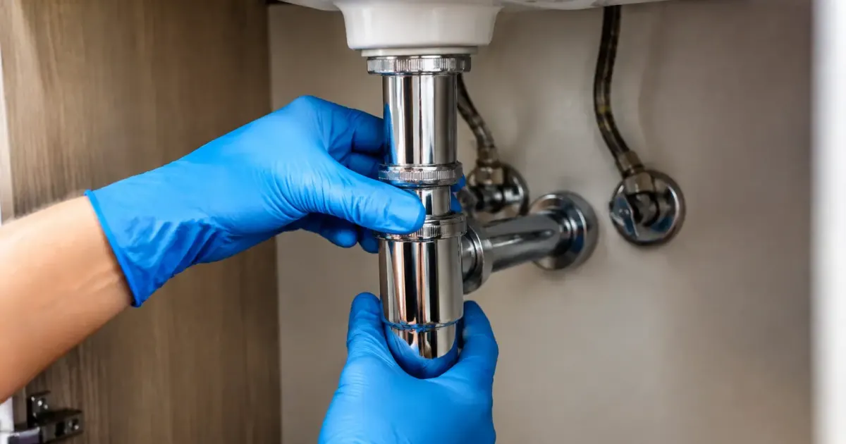 Mains gantées dévissant siphon chromé sous lavabo