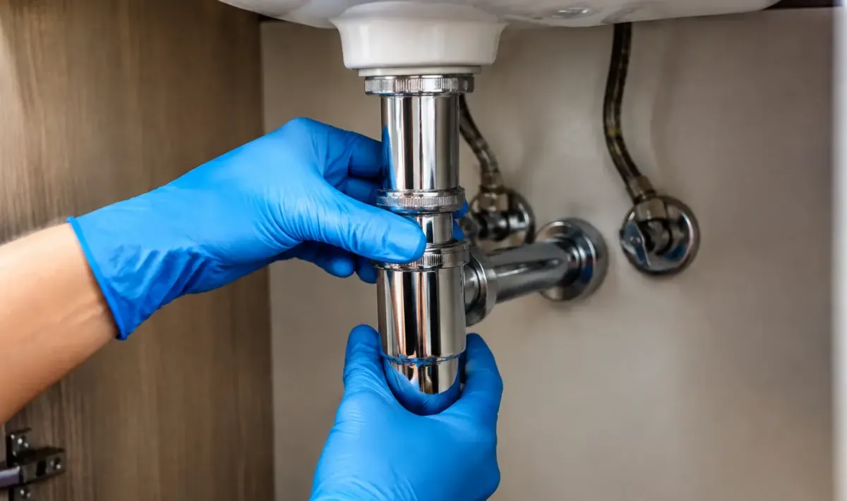 Mains gantées dévissant siphon chromé sous lavabo