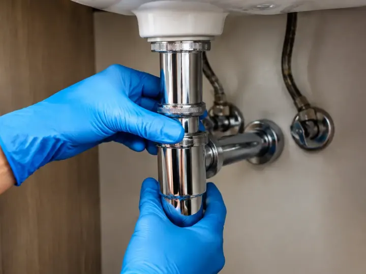 Mains gantées dévissant siphon chromé sous lavabo