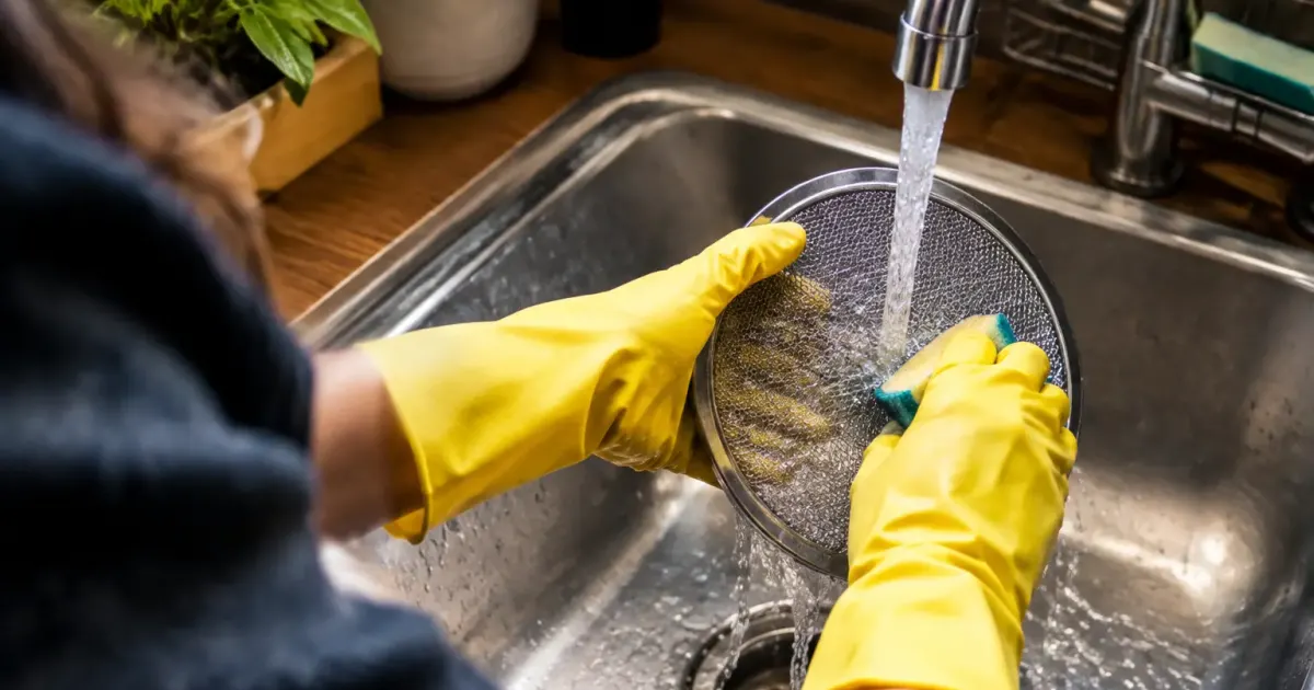 Mains gantées lavant un filtre métallique sous l'évier