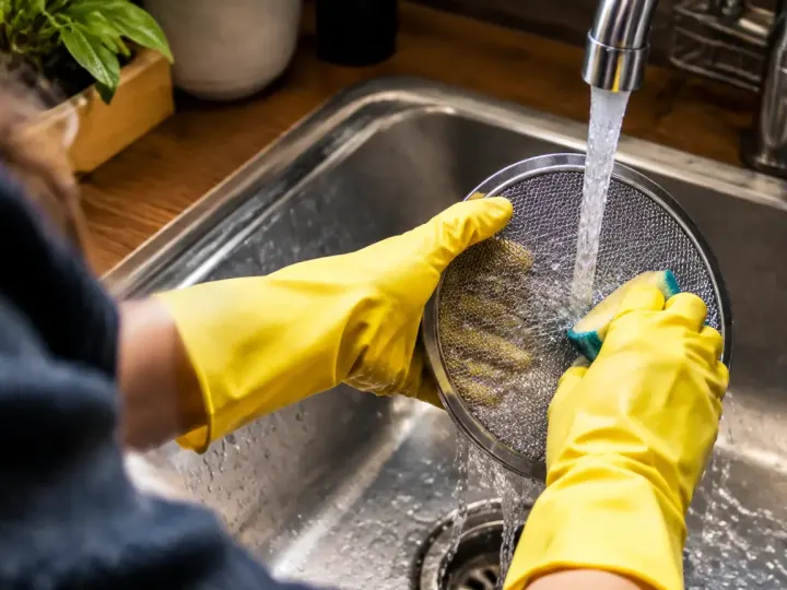 Mains gantées lavant un filtre métallique sous l'évier