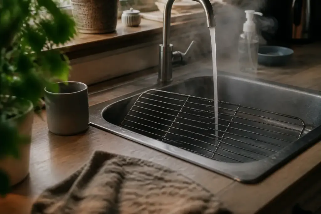 Mains rincant une grille metallique sous l'eau tiede