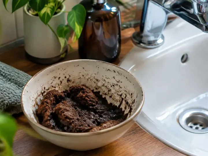 Bol de marc de cafe humide pres du lavabo