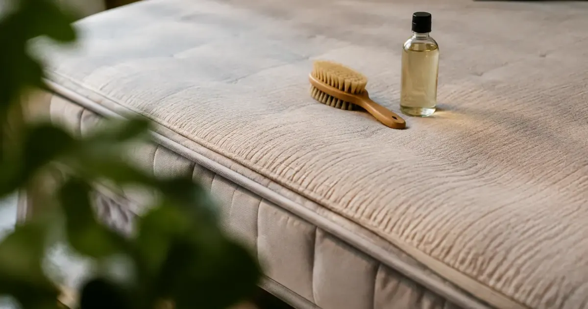 Matelas beige a plat, brosse douce et flacon