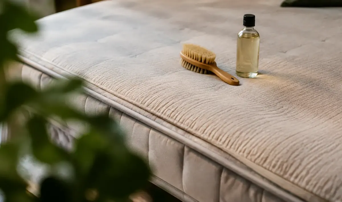 Matelas beige a plat, brosse douce et flacon