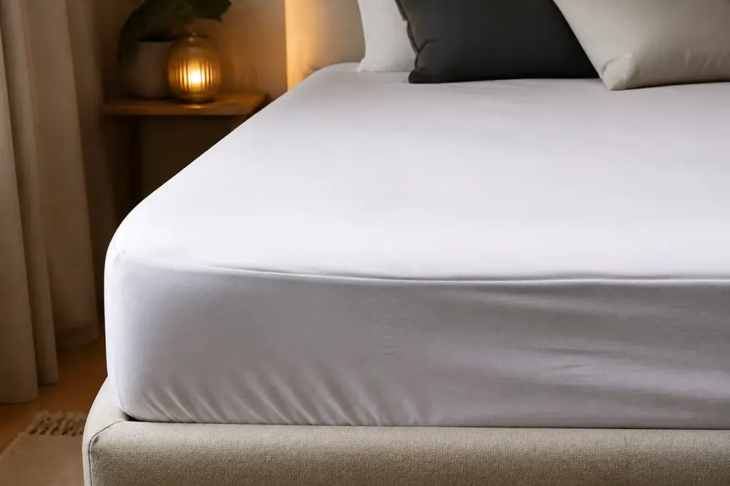 Matelas blanc avec bordure elastique visible sur lit double