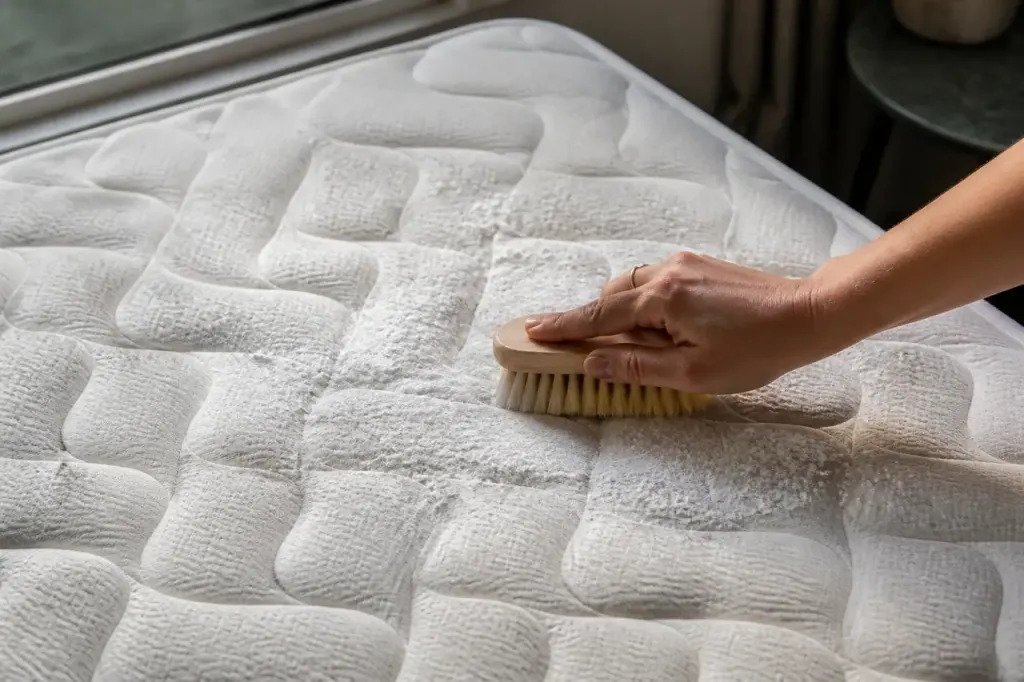 Matelas blanc avec poudre blanche et brosse douce