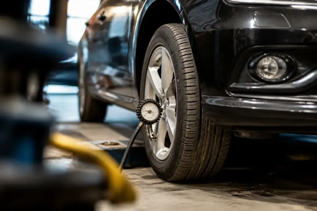 Mecanicien verifiant les pneus sur une voiture en atelier