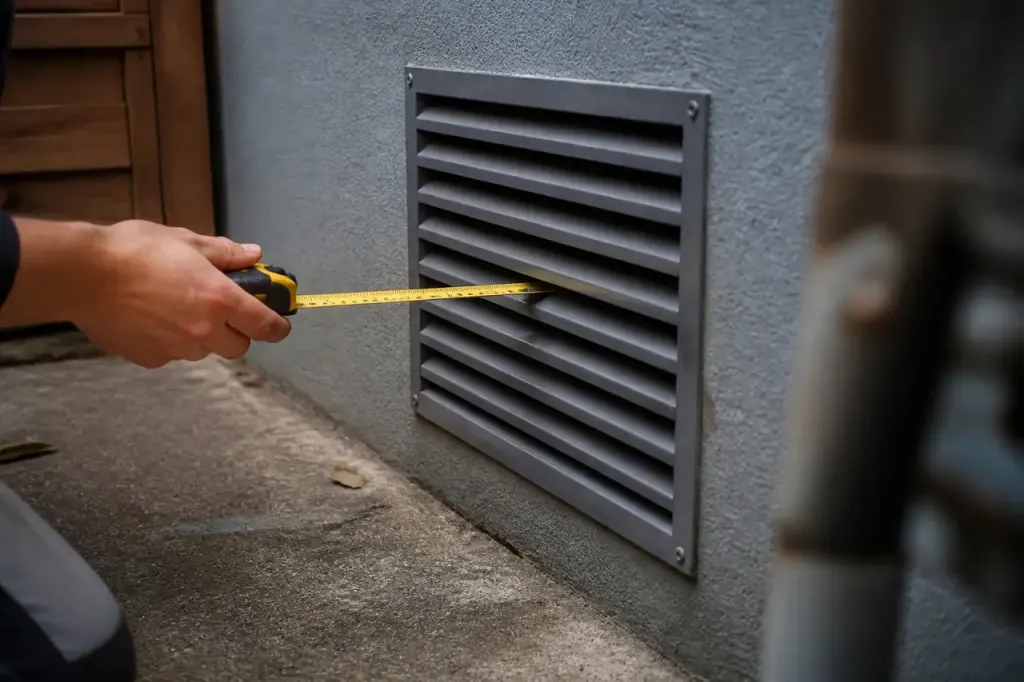 Metre ruban tendu pres d'une grille d'aeration murale