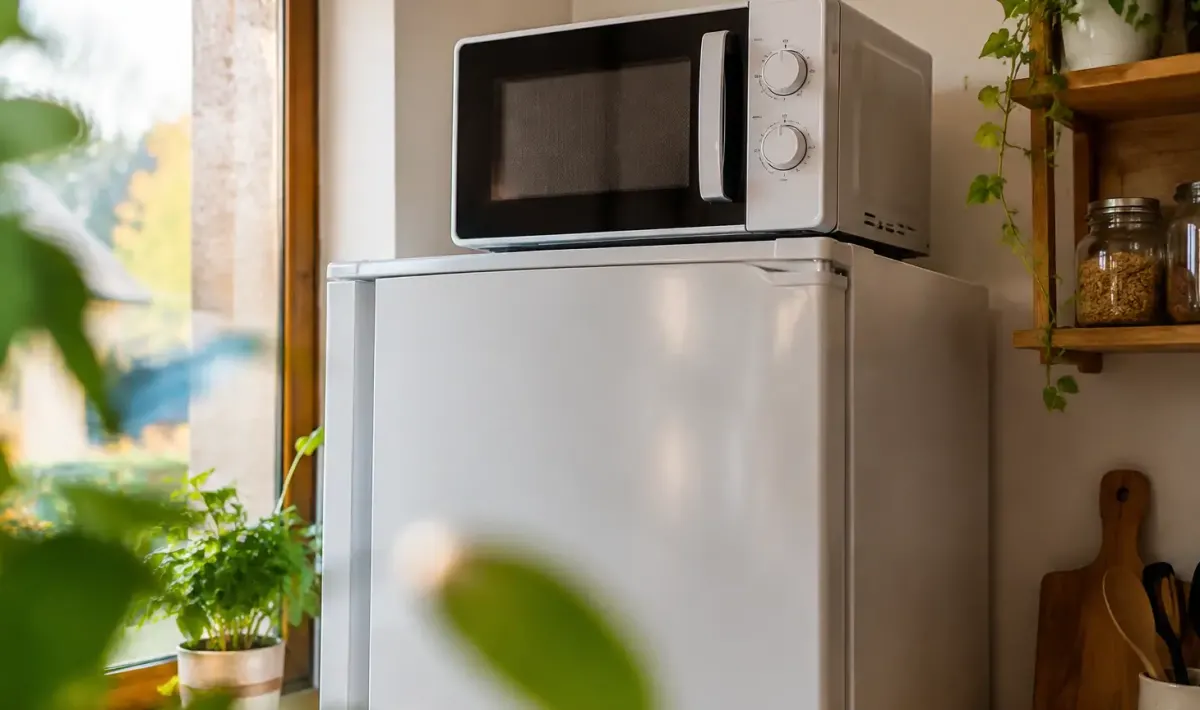 Micro-ondes pose sur le dessus du frigo blanc
