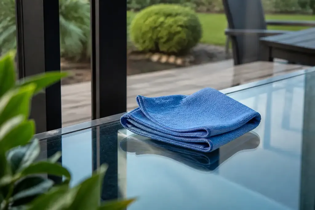 Microfibre bleue pliee posee sur vitre propre