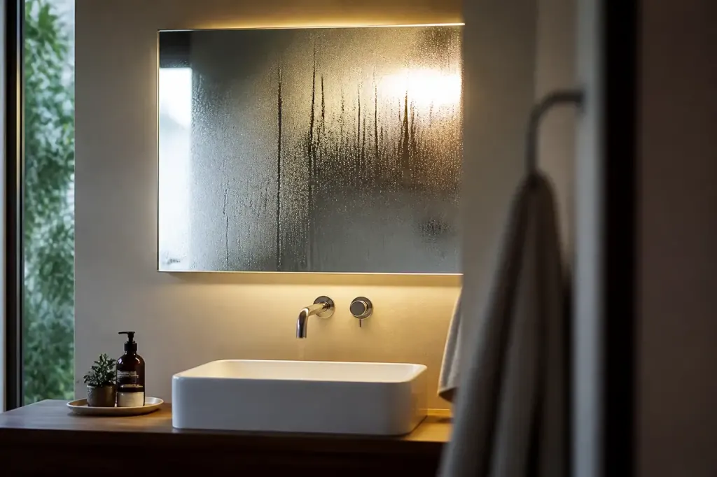 Miroir couvert de buee au dessus d'un lavabo blanc