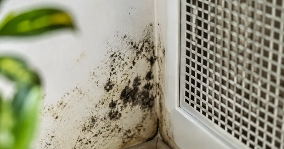 Moisissure noire sur un mur blanc sous une grille