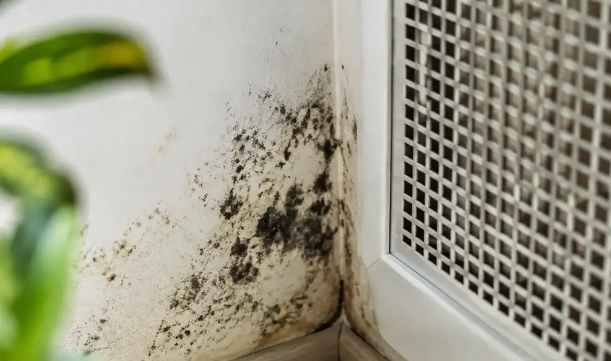 Moisissure noire sur un mur blanc sous une grille
