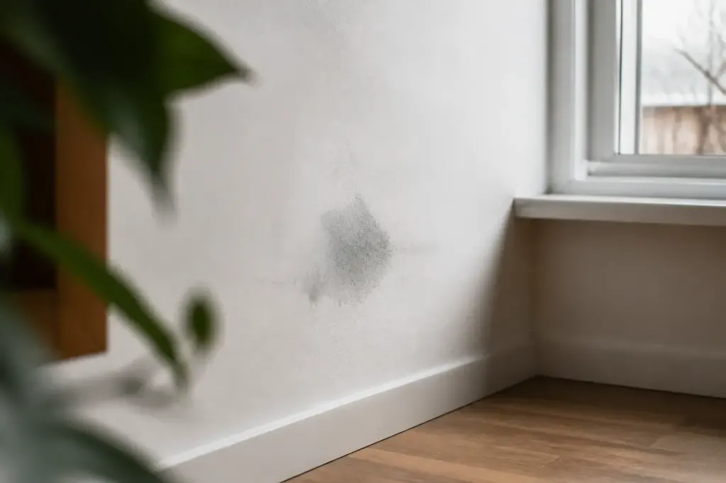 Mur blanc avec tache sombre pres de la fenetre