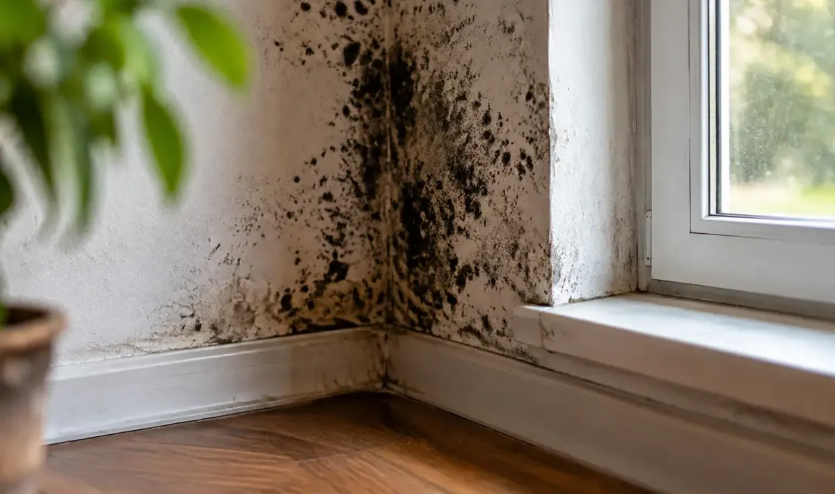 Mur froid couvert de moisissures noires pres dune fenetre