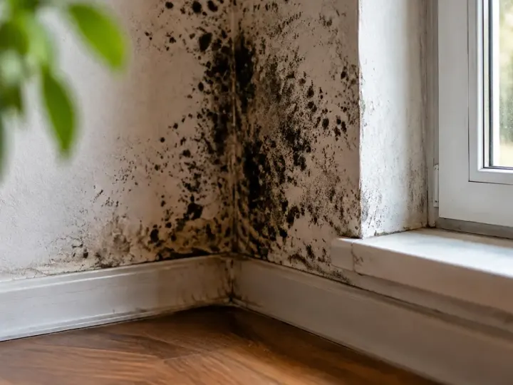Mur froid couvert de moisissures noires pres dune fenetre