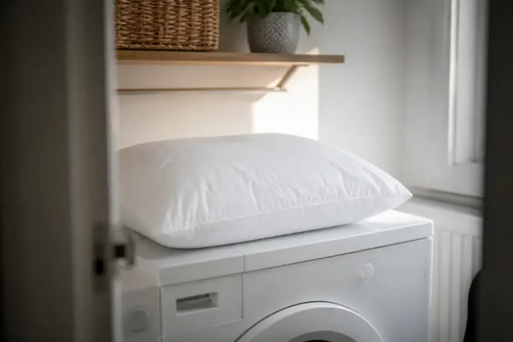 Oreiller blanc gonfle etale a plat sur seche-linge