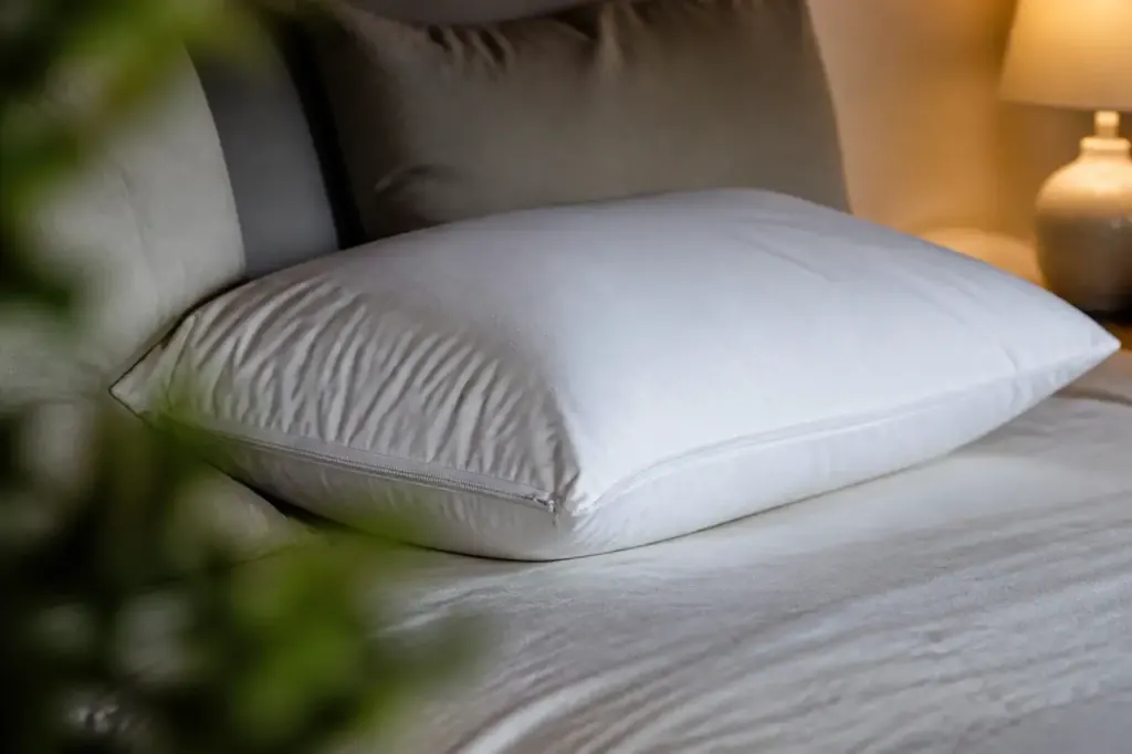 Oreiller blanc protege par une housse zippee sur lit