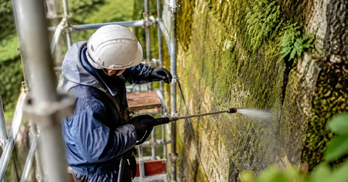 Ouvrier sur echafaudage face a mur couvert de mousse