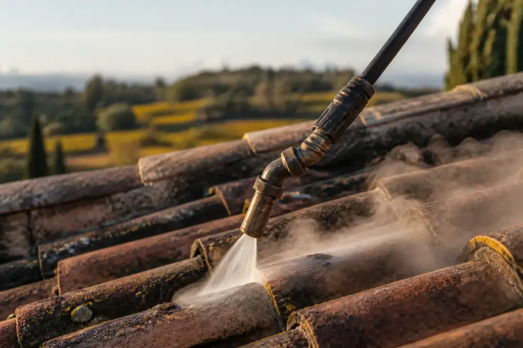 Ouvrier regle lance vapeur sur toit en tuiles anciennes