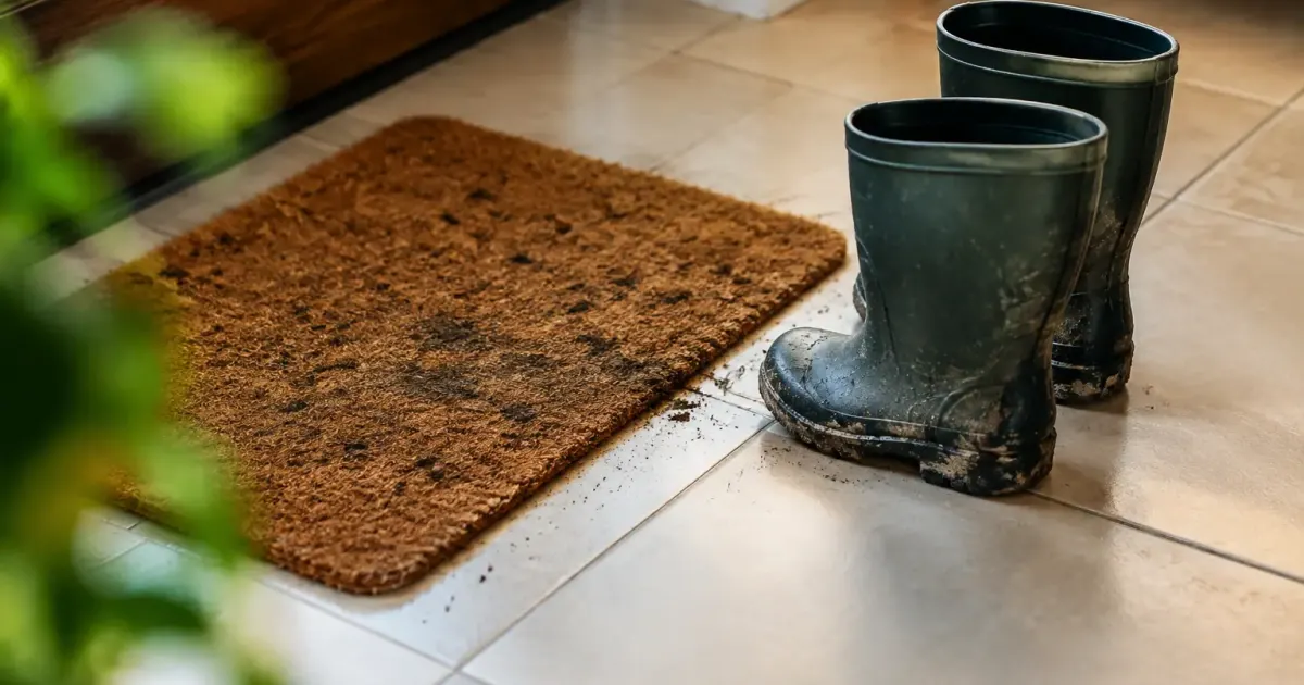 Paillasson boueux et bottes posees sur carrelage propre