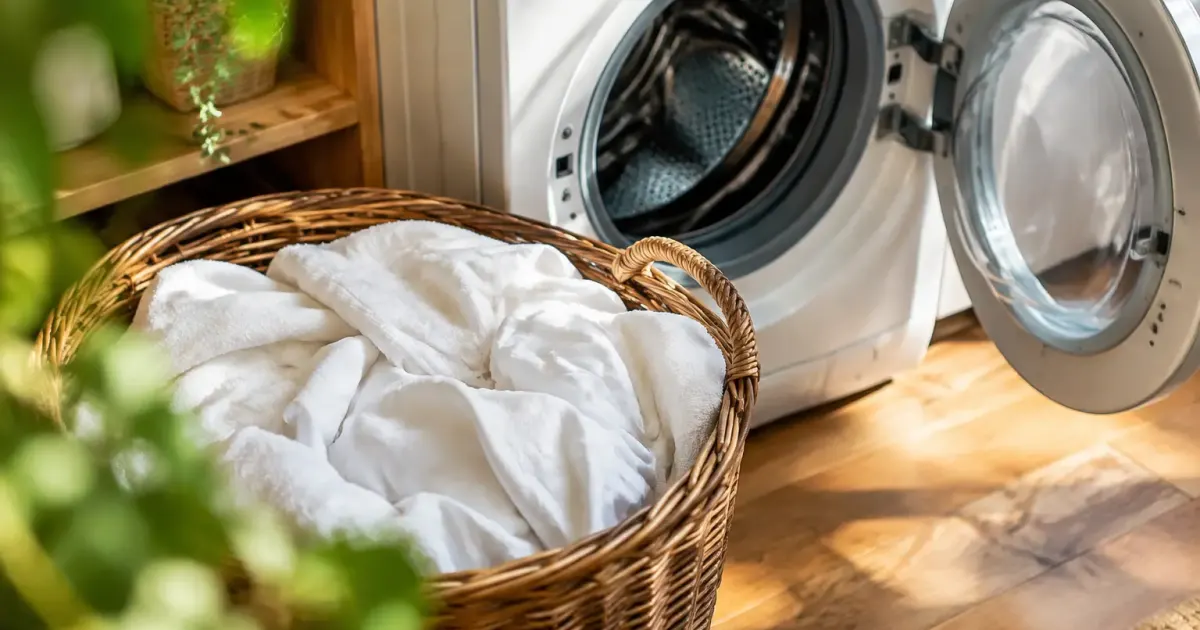 Panier en osier plein de linge blanc, tambour ouvert