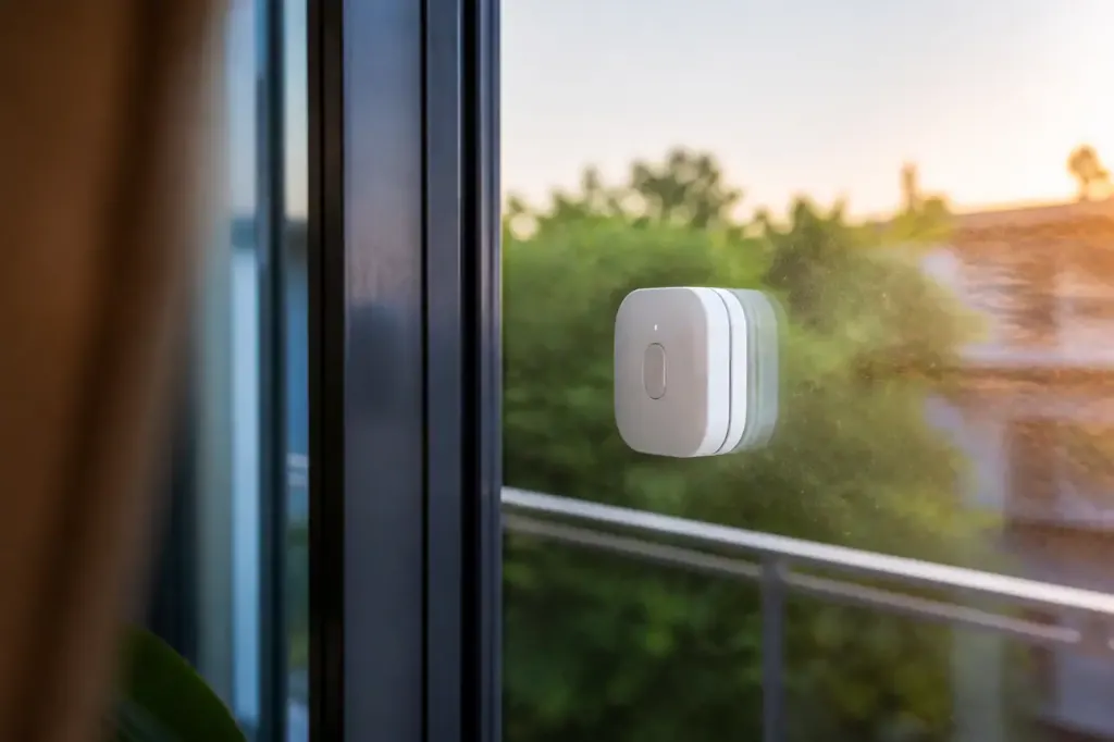 Petit appareil blanc colle sur une grande fenetre lumineuse