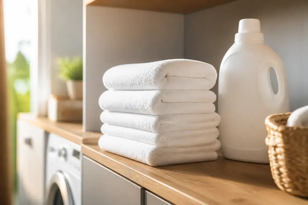 Pile de serviettes blanches pres du bidon de lessive