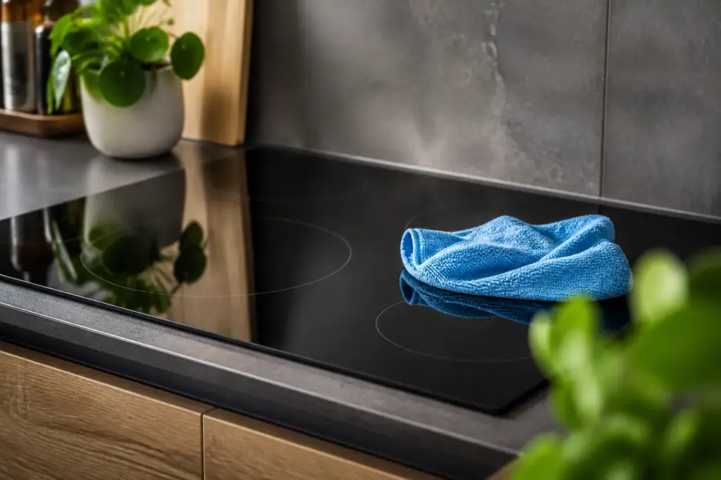 Plaque de cuisson noire avec chiffon microfibre bleu