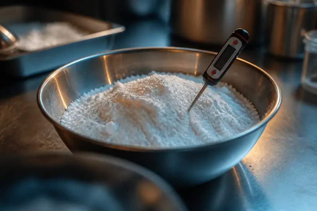 Poudre blanche granuleuse dans un bol avec thermometre digital