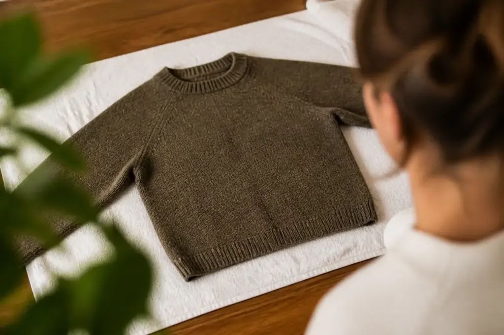 Pull etale a plat sur une serviette blanche propre