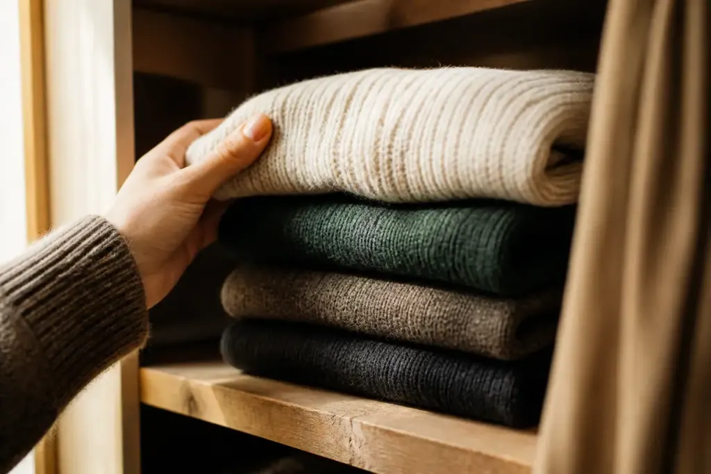 Pull en laine plie sur une etagere en bois