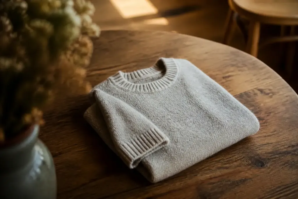 Pull en laine plie sur table en bois