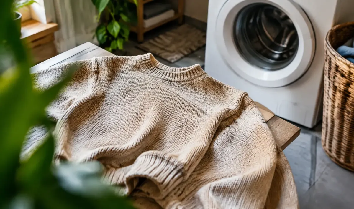 Pull en maille a plat pres d'un lave-linge
