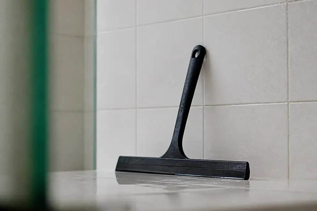 Raclette noire posee sur carrelage blanc de douche