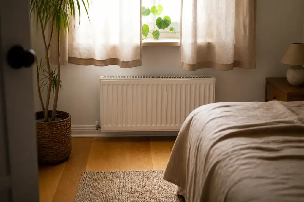 Radiateur blanc libre sous rideau court pres fenetre