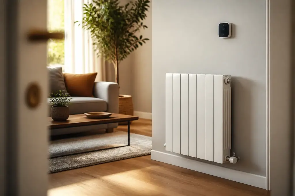 Radiateur chaud et thermostat numerique dans un salon clair