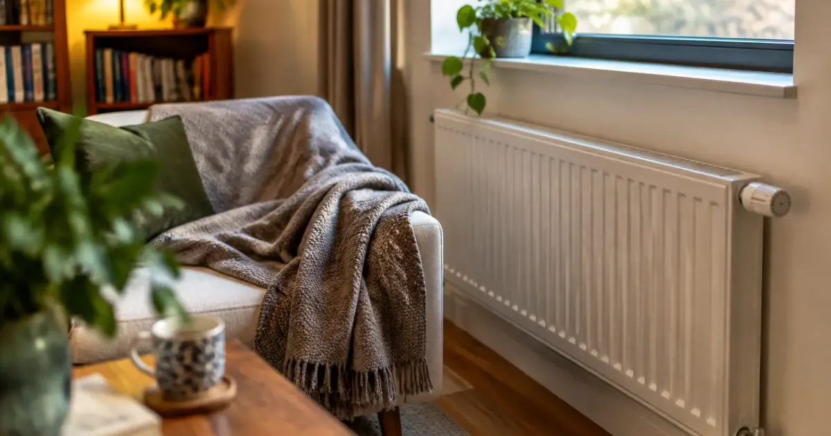 Radiateur froid au mur, personne assise sous une couverture