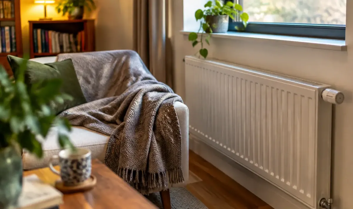 Radiateur froid au mur, personne assise sous une couverture