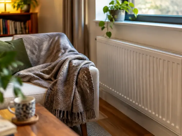 Radiateur froid au mur, personne assise sous une couverture