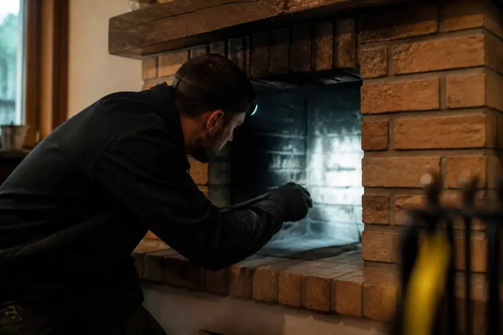 Ramoneur examinant une cheminee en brique avec lampe frontale