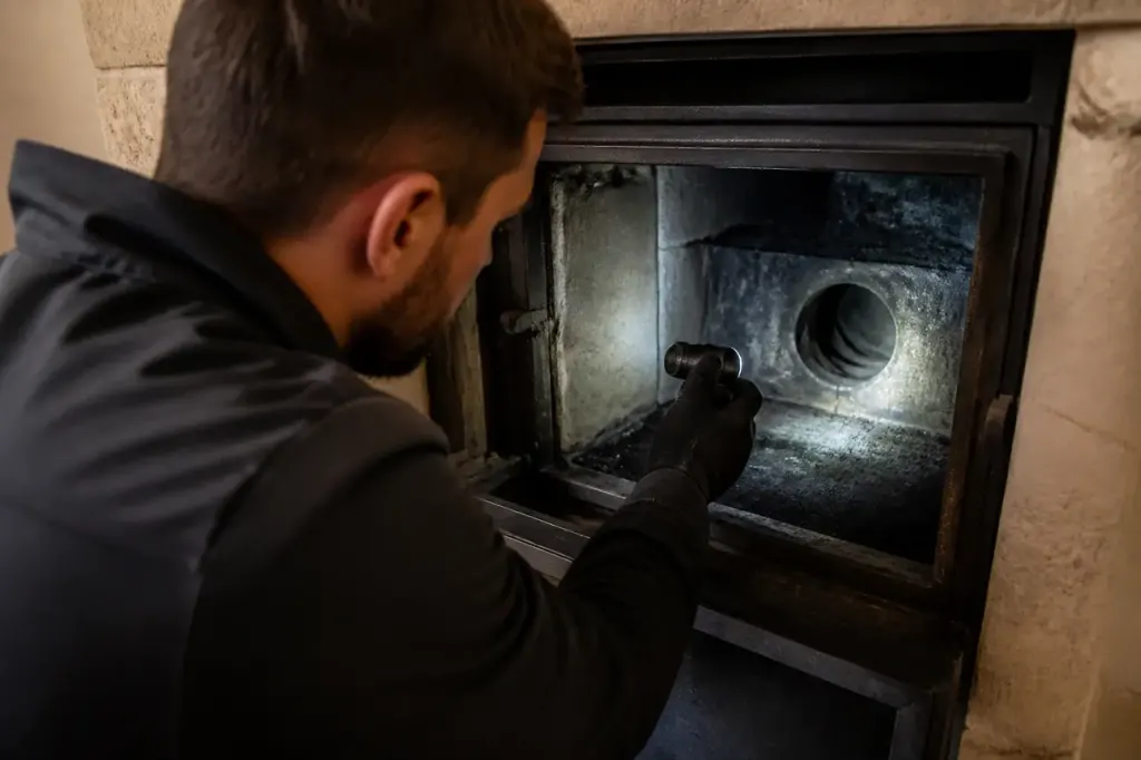 Ramoneur examinant un conduit de cheminee avec lampe
