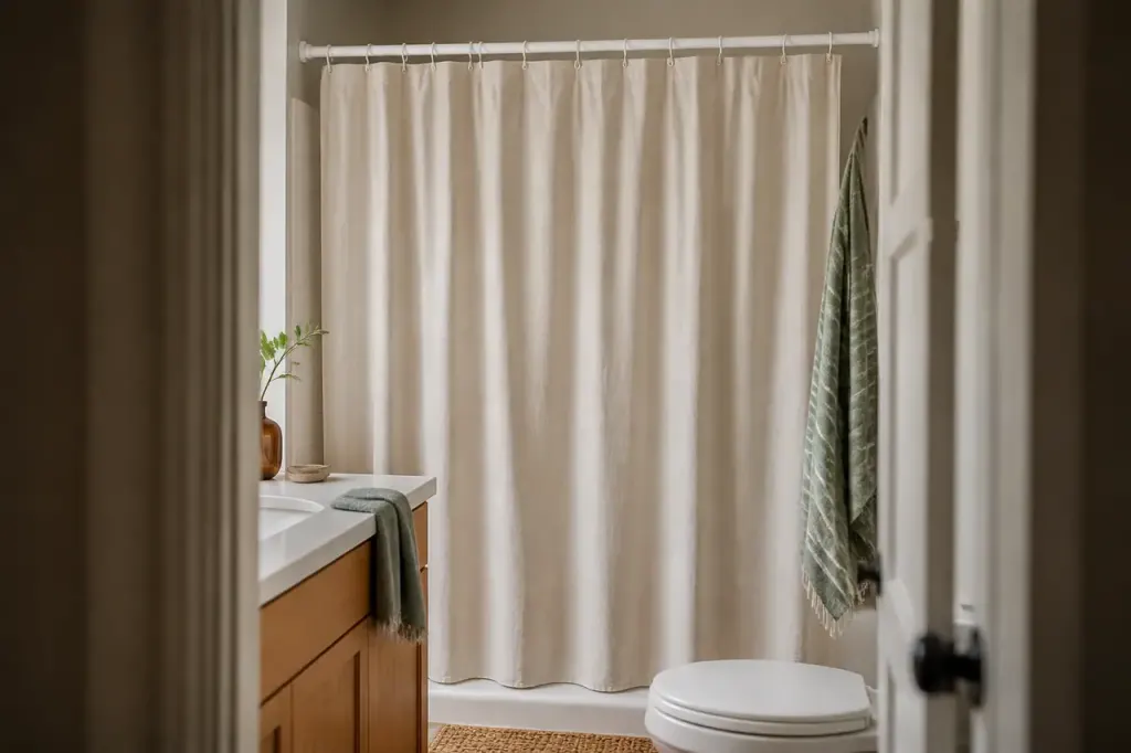 Rideau de douche deploye sur une tringle blanche