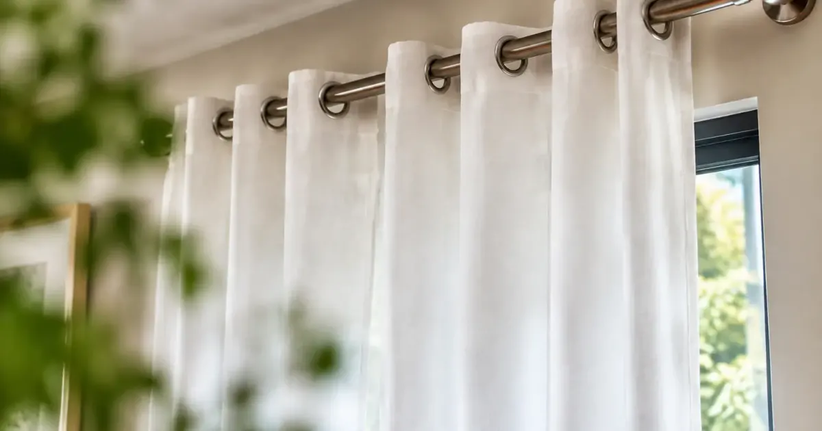Rideaux blancs tombant droit sur une tringle metallique