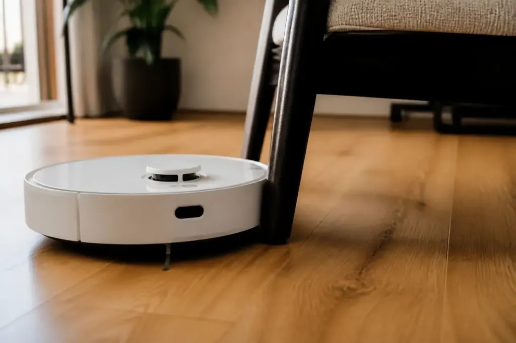 Robot aspirateur blanc coince contre un pied de chaise