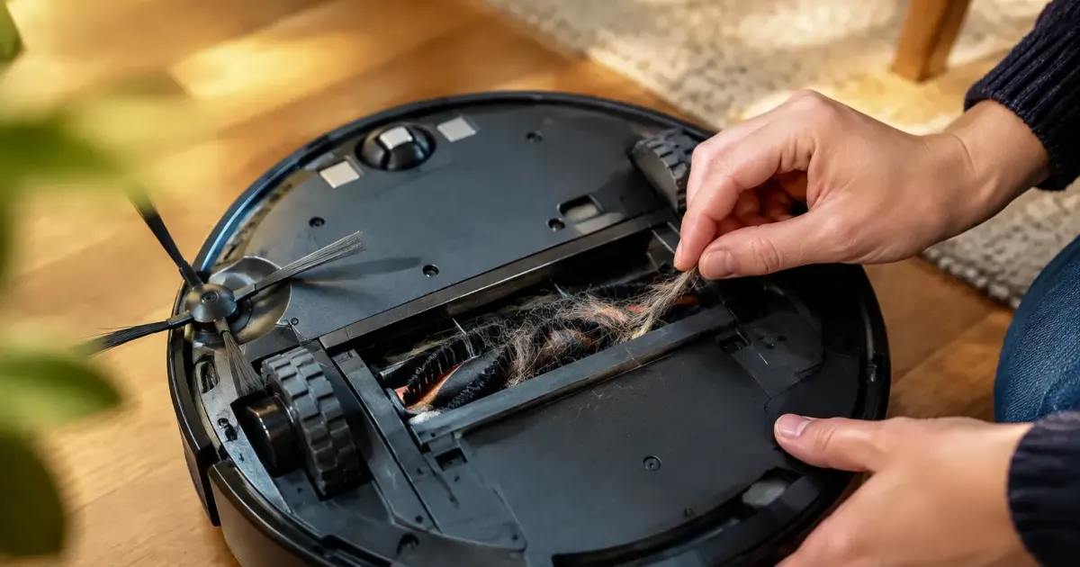 Robot aspirateur sur parquet, meches emmelees sous la brosse