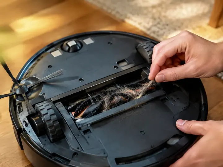 Robot aspirateur sur parquet, meches emmelees sous la brosse