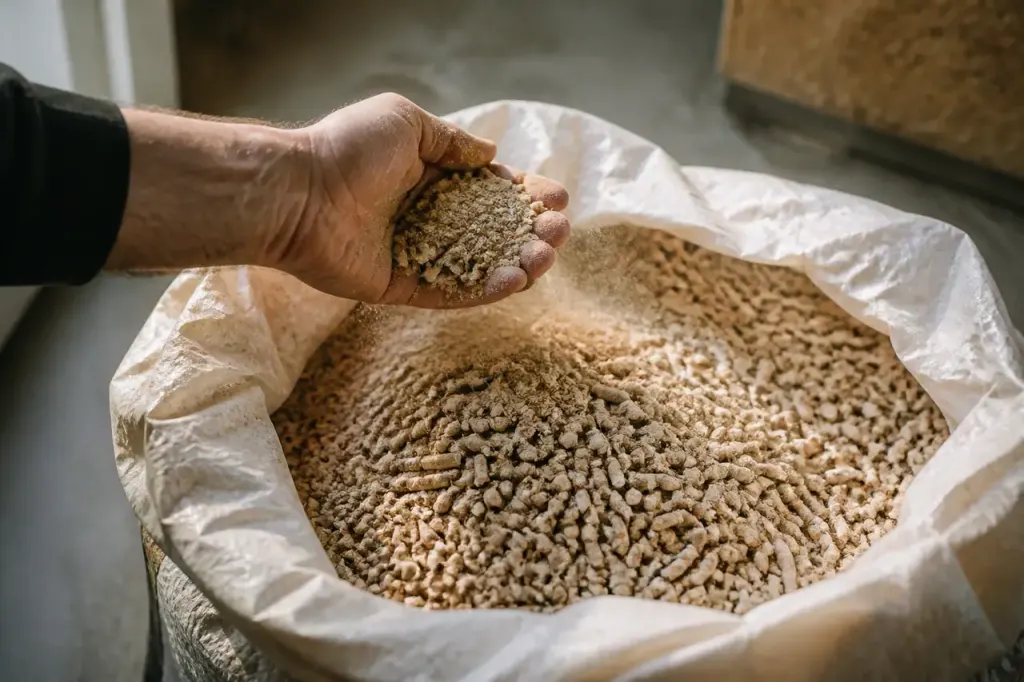 Sac ouvert de granules bois avec poussieres fines visibles