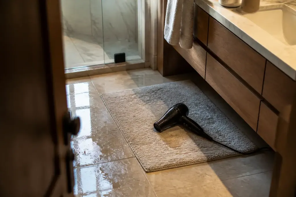 Seche-cheveux pose sur tapis de bain mouille pres lavabo